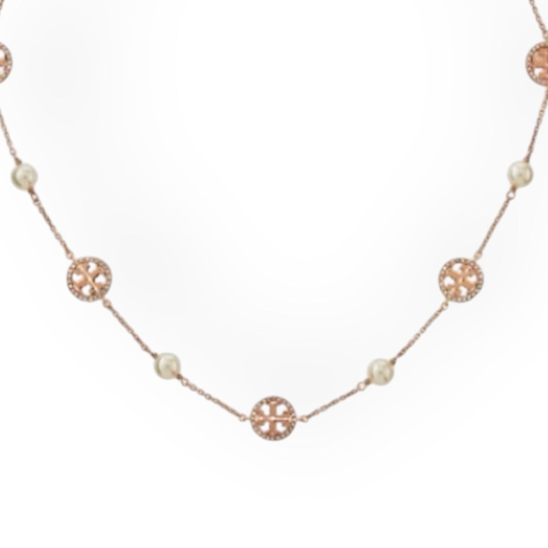 Beautiful Tory Burch Rose Gold and Pearl Pave Necklace