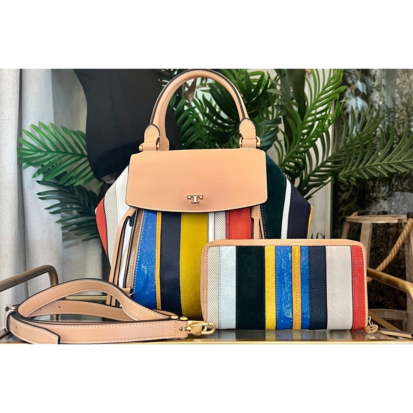 TORY BURCH AUTHENTIC STRIPED MOON TOTE AND WALLET SET