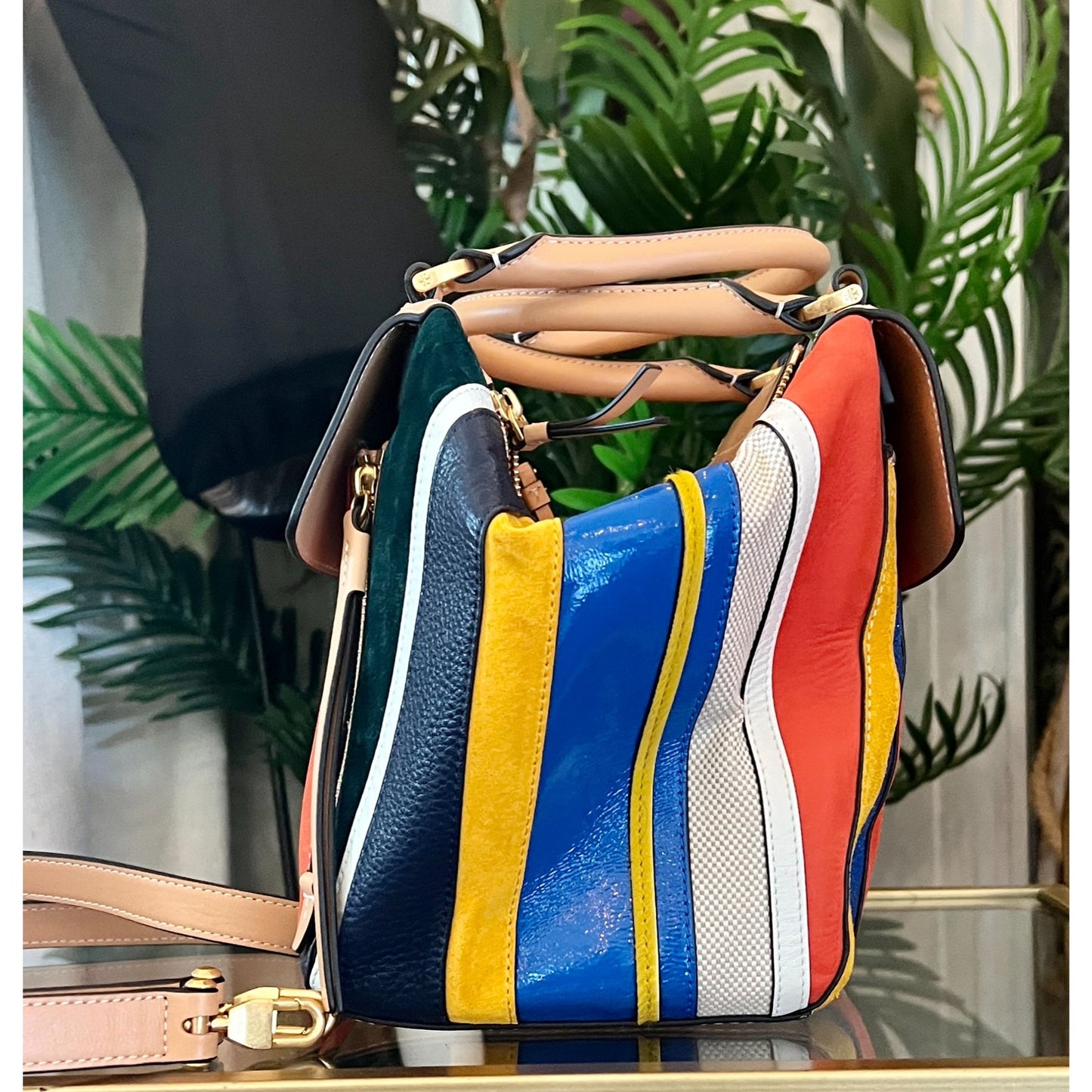 TORY BURCH AUTHENTIC STRIPED MOON TOTE AND WALLET SET