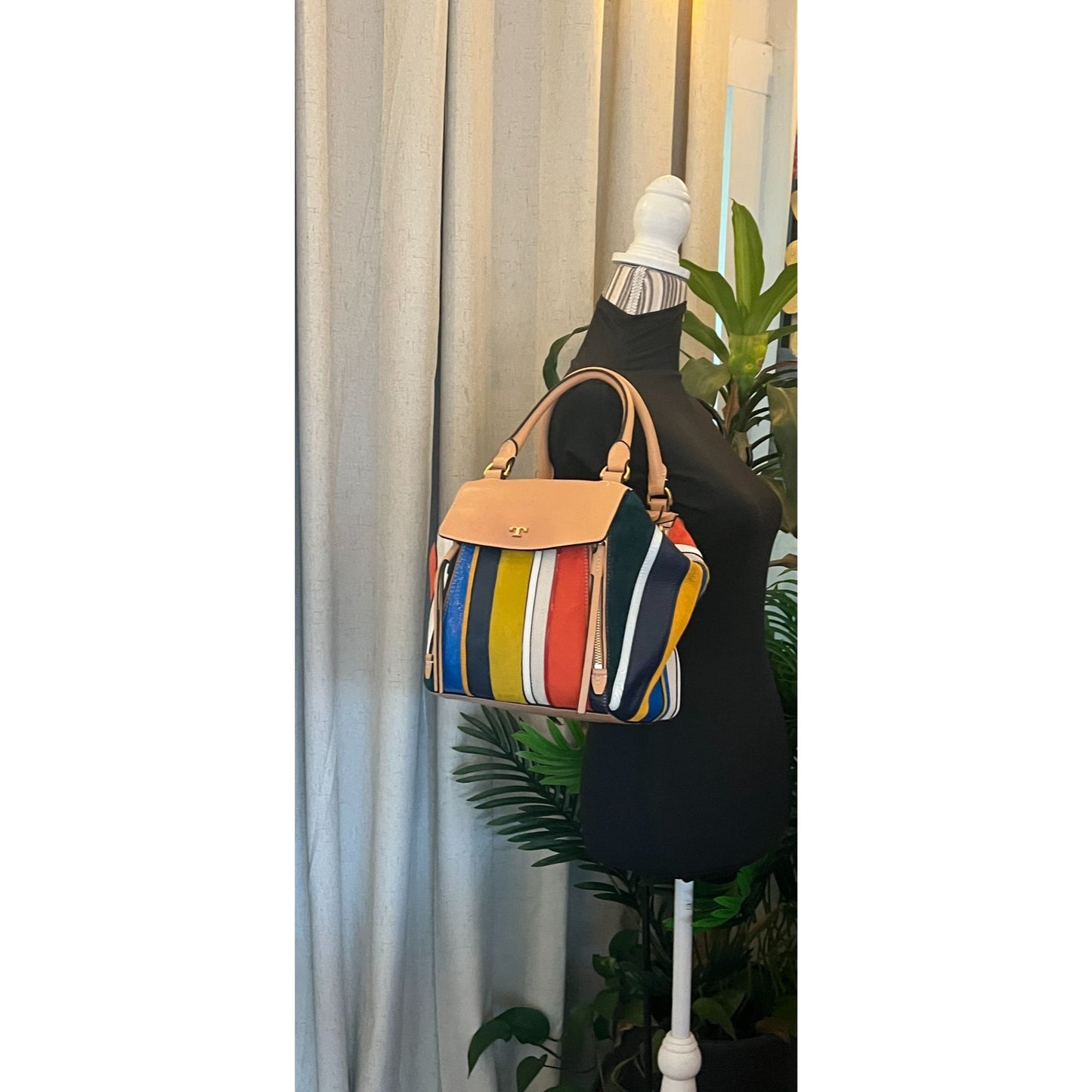 TORY BURCH AUTHENTIC STRIPED MOON TOTE AND WALLET SET