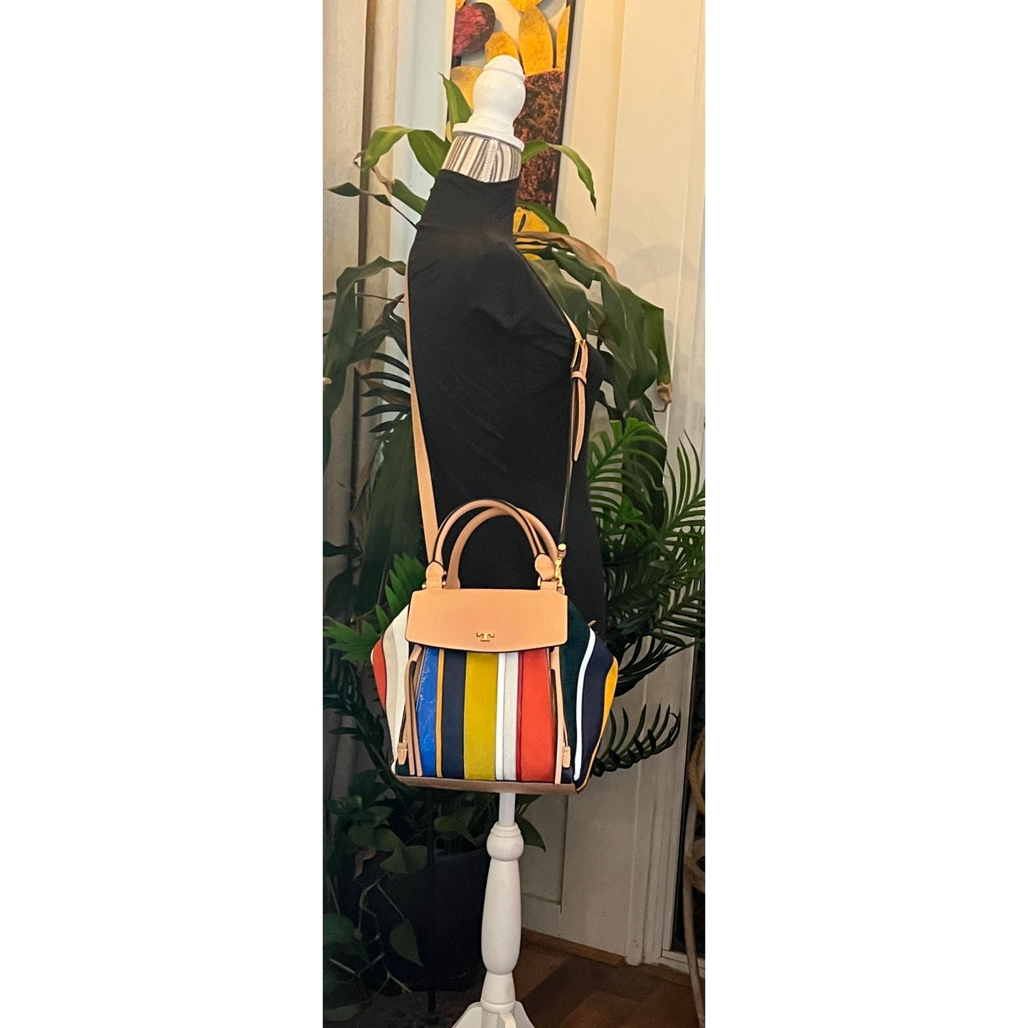 TORY BURCH AUTHENTIC STRIPED MOON TOTE AND WALLET SET