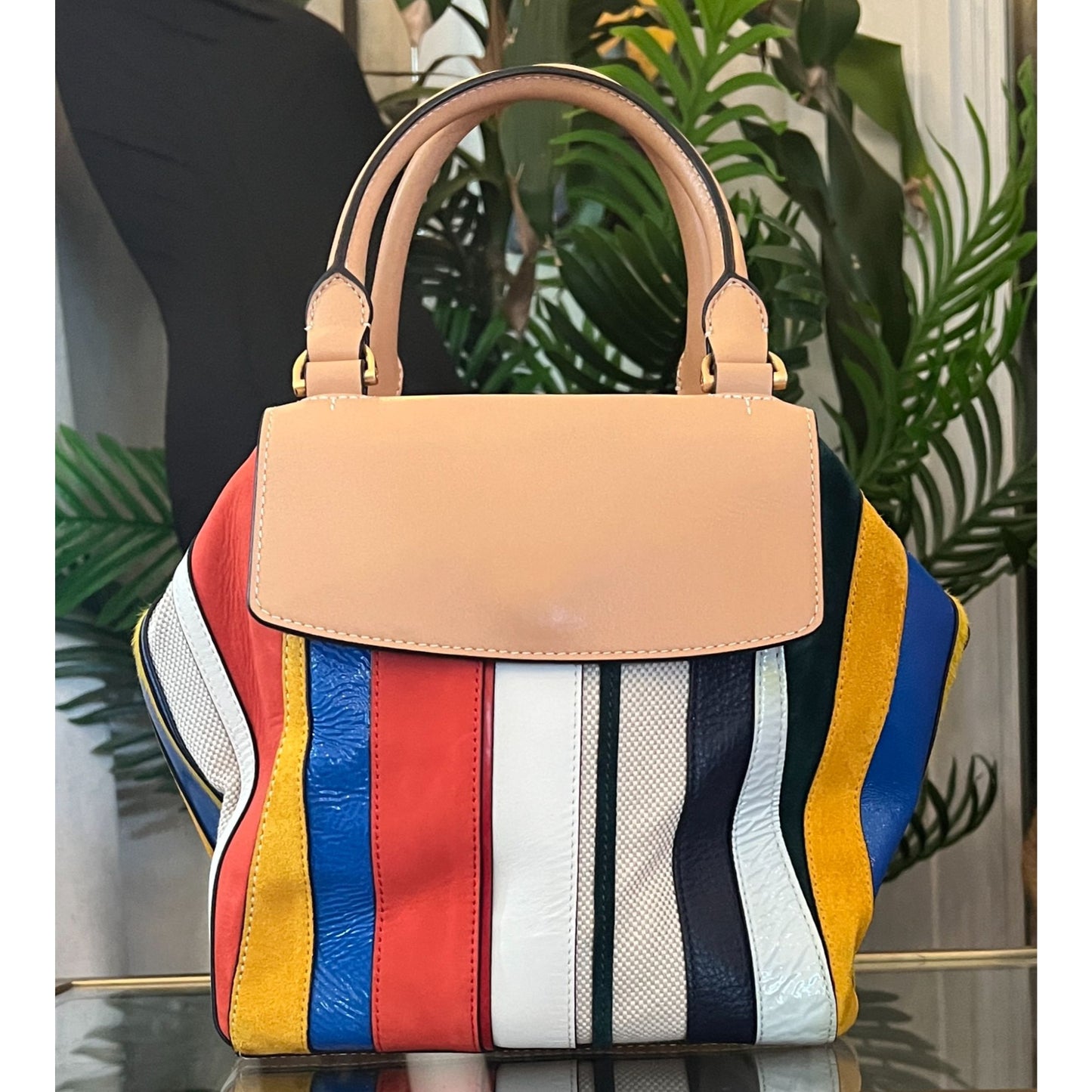 TORY BURCH AUTHENTIC STRIPED MOON TOTE AND WALLET SET