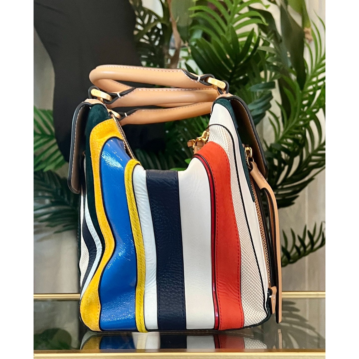 TORY BURCH AUTHENTIC STRIPED MOON TOTE AND WALLET SET