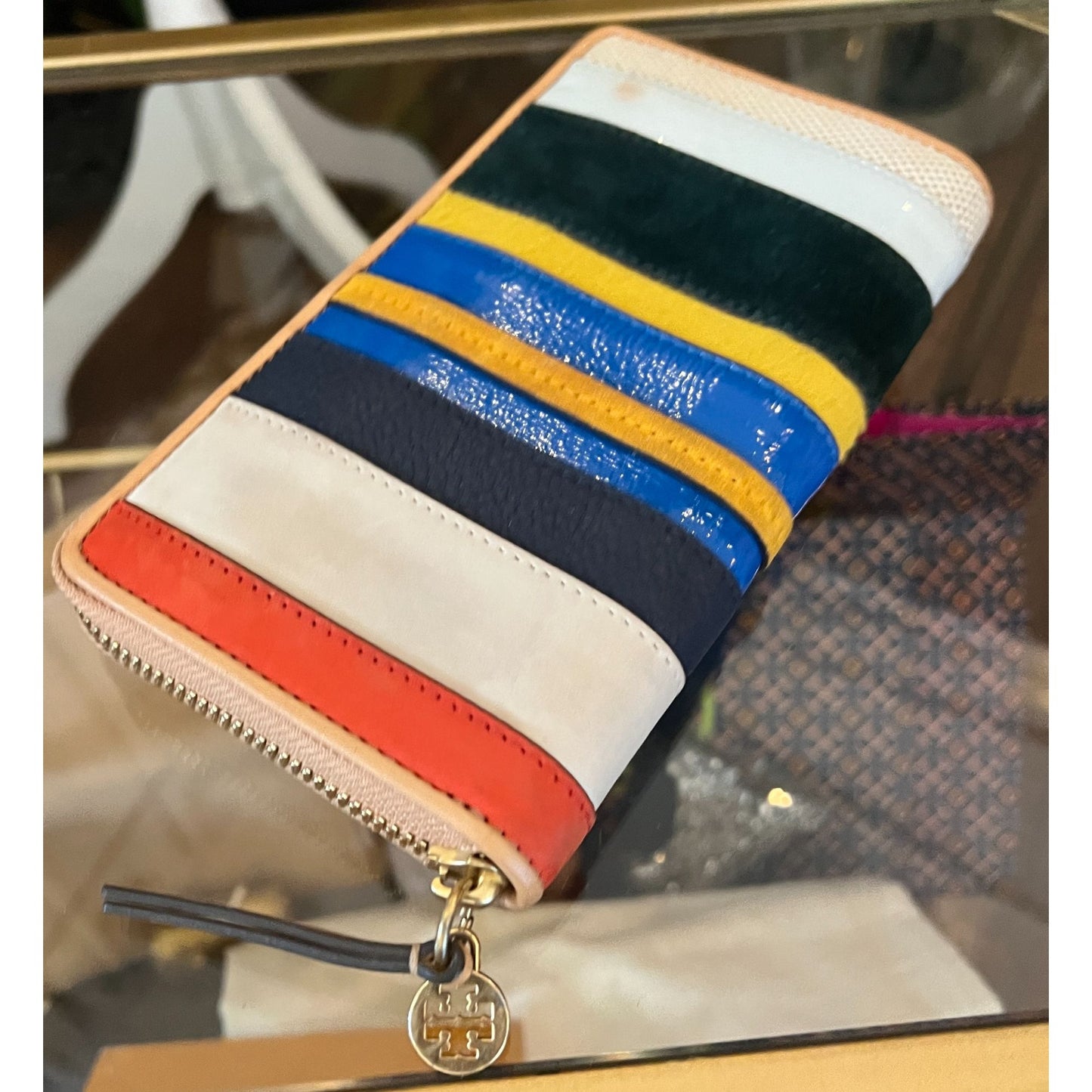 TORY BURCH AUTHENTIC STRIPED MOON TOTE AND WALLET SET