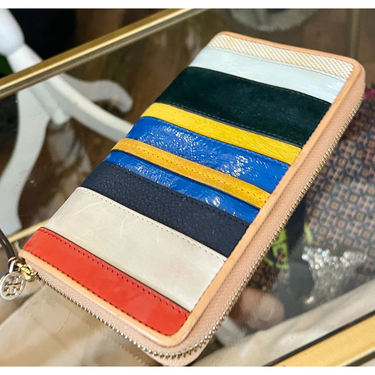 TORY BURCH AUTHENTIC STRIPED MOON TOTE AND WALLET SET