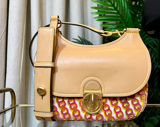 AUTHENTIC TORY BURCH TAN AND PINK AND ORANGE JAMES HANDBAG