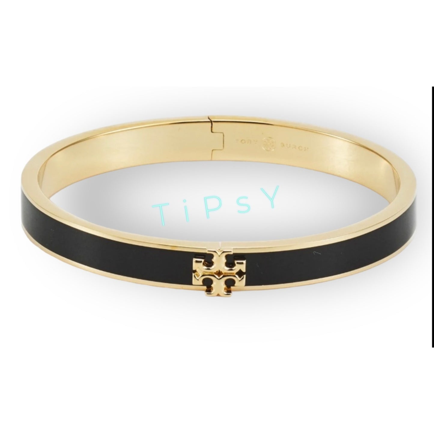 Tory Burch Kira Black & Gold Enamel Logo Hinged Bangle Bracelet