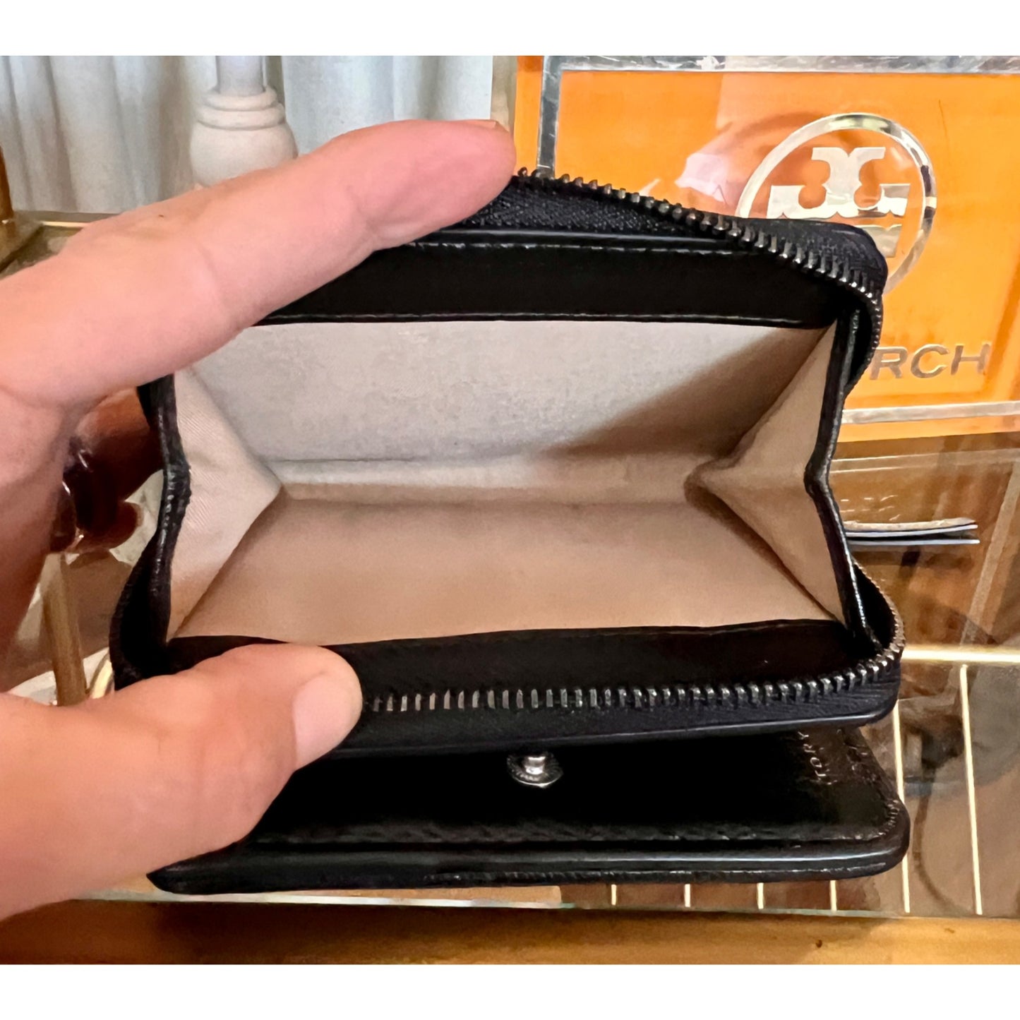 Tory Burch Black KIRA Quilted Leather Wallet With Zipper Closure & Logo Design