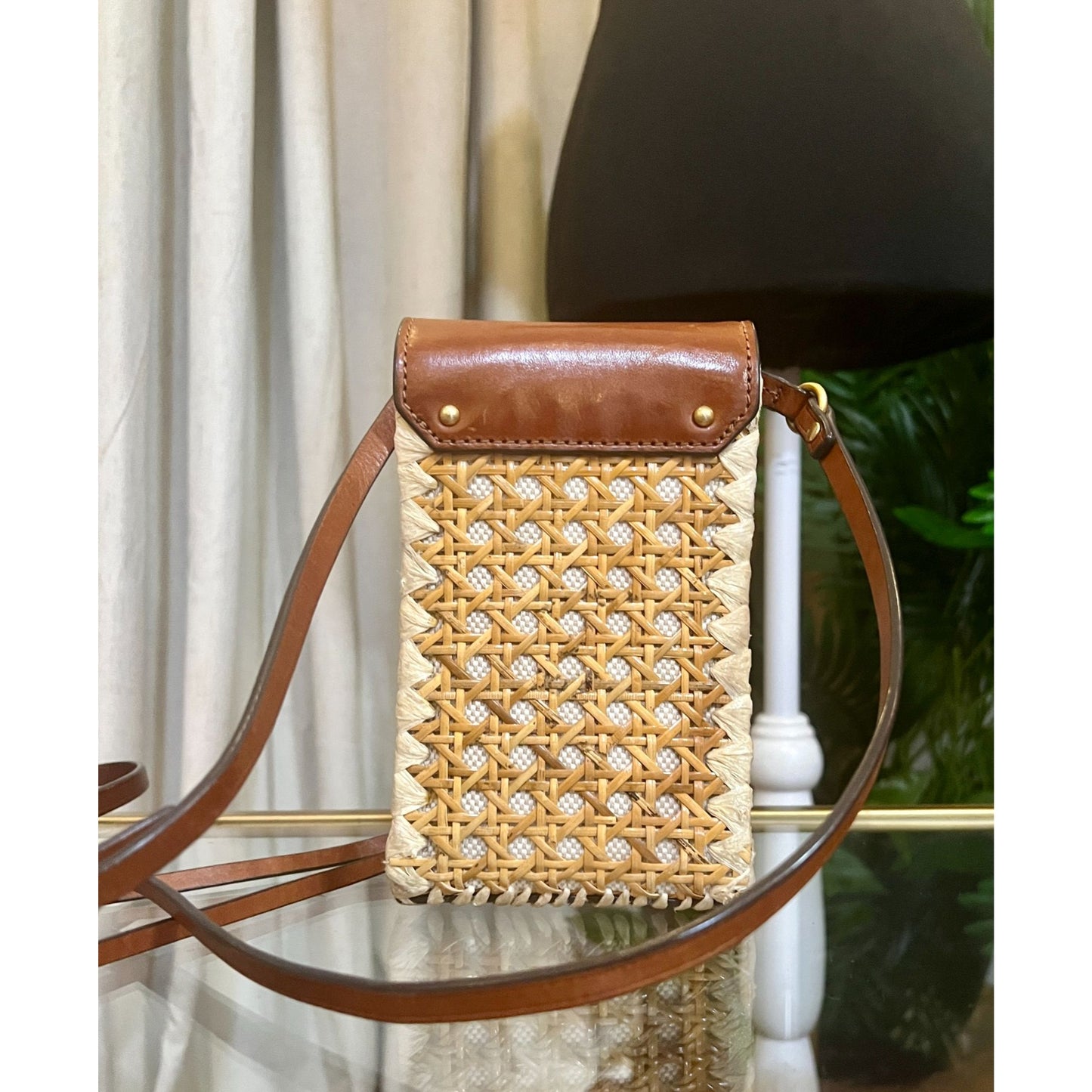 Tory Burch Woven Crossbody Bag With Leather Trim & Logo