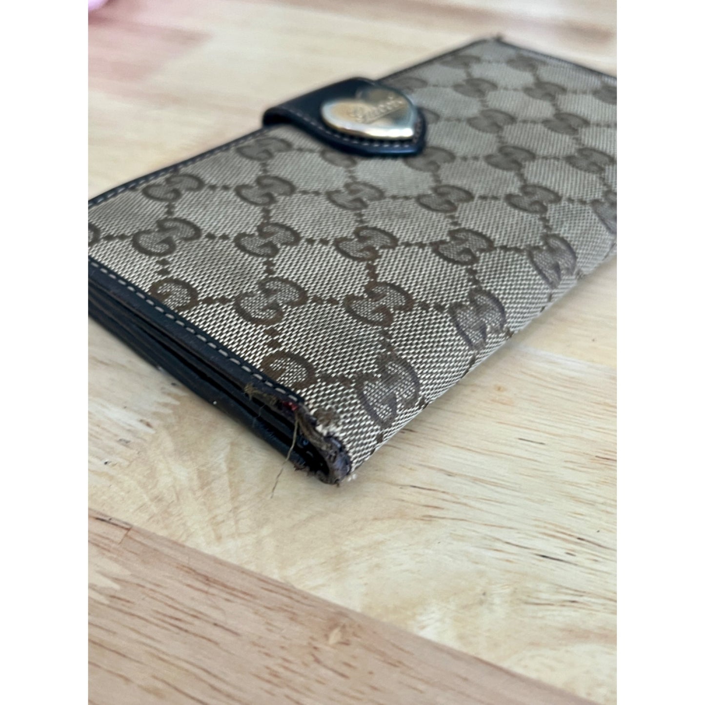 Gucci Brown GG Canvas & Leather Heart Clasp Wallet For Women