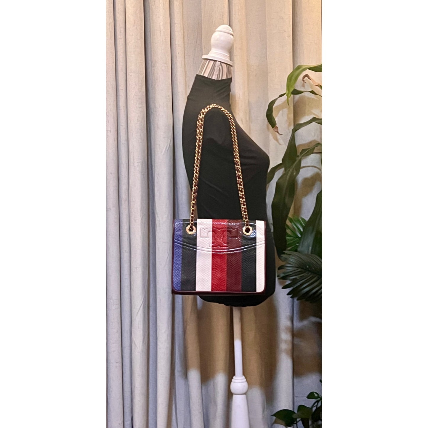 RARE!! Tory Burch Multi-Color Striped Fleming Python Chain Strap Shoulder Bag