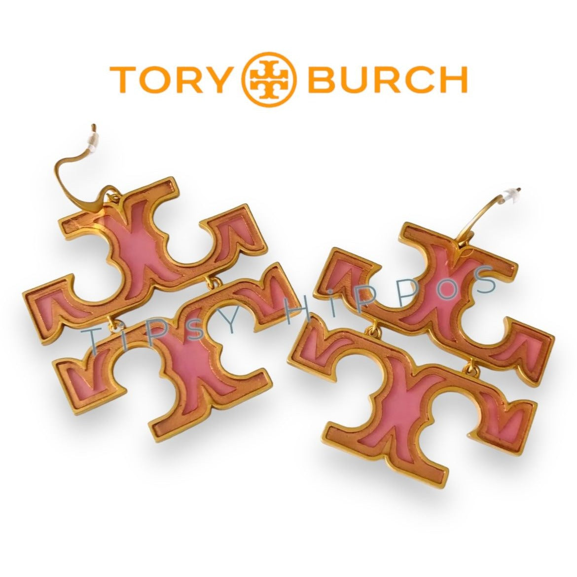 Tory Burch Stunning Pink and Gold Logo Hoop Earrings