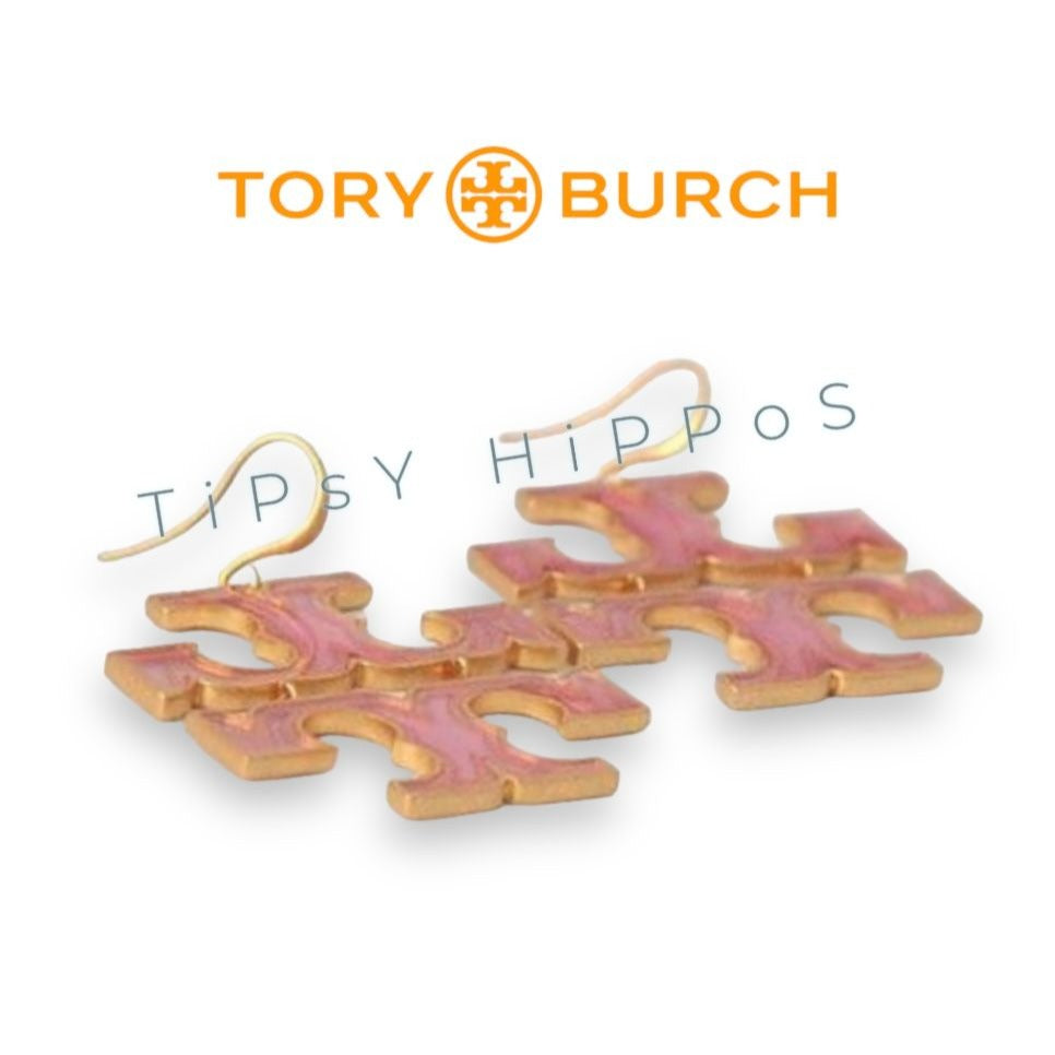 Tory Burch Stunning Pink and Gold Logo Hoop Earrings