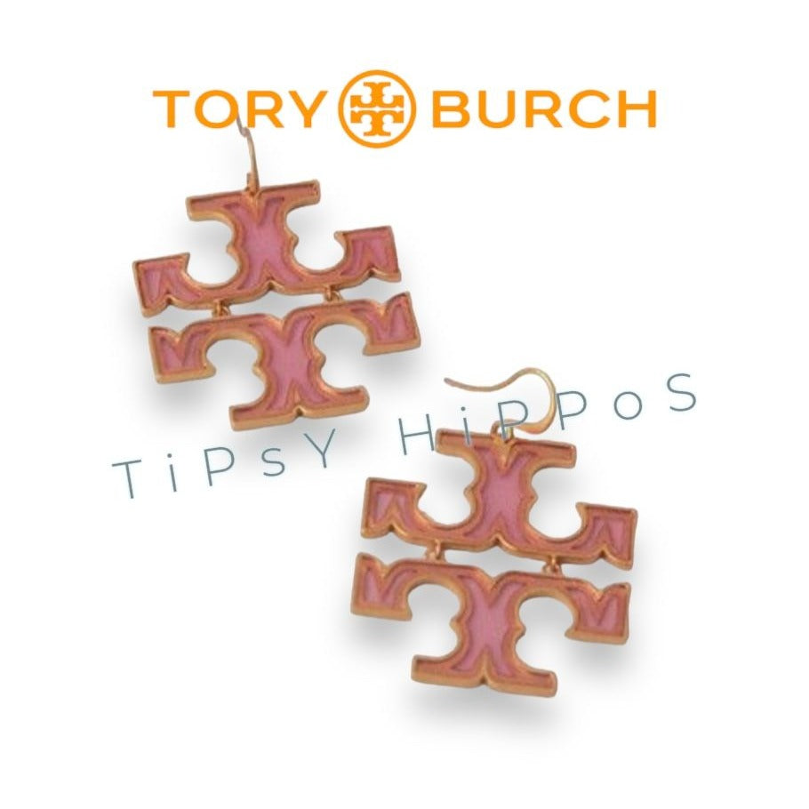 Tory Burch Stunning Pink and Gold Logo Hoop Earrings