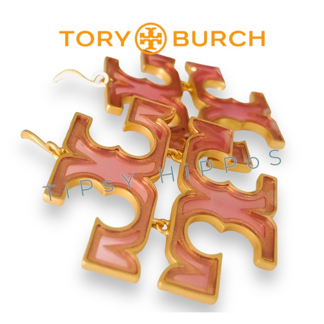 Tory Burch Stunning Pink and Gold Logo Hoop Earrings