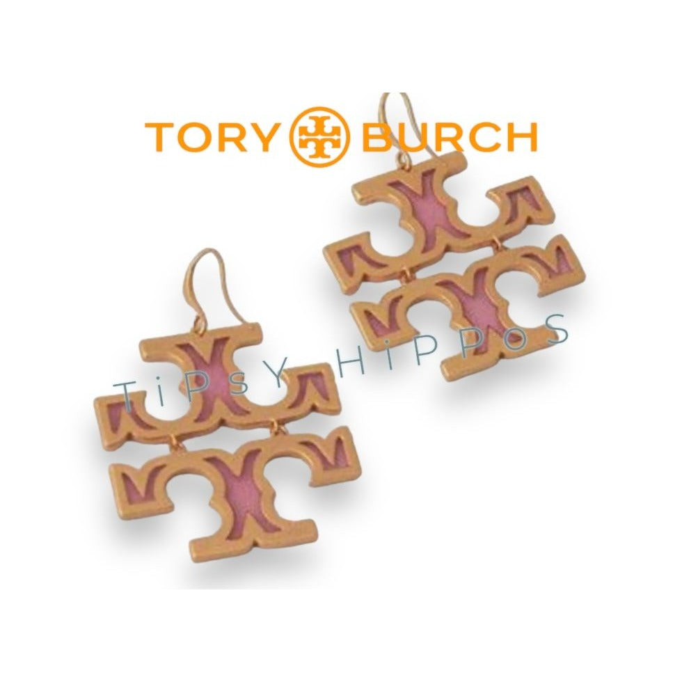 Tory Burch Stunning Pink and Gold Logo Hoop Earrings