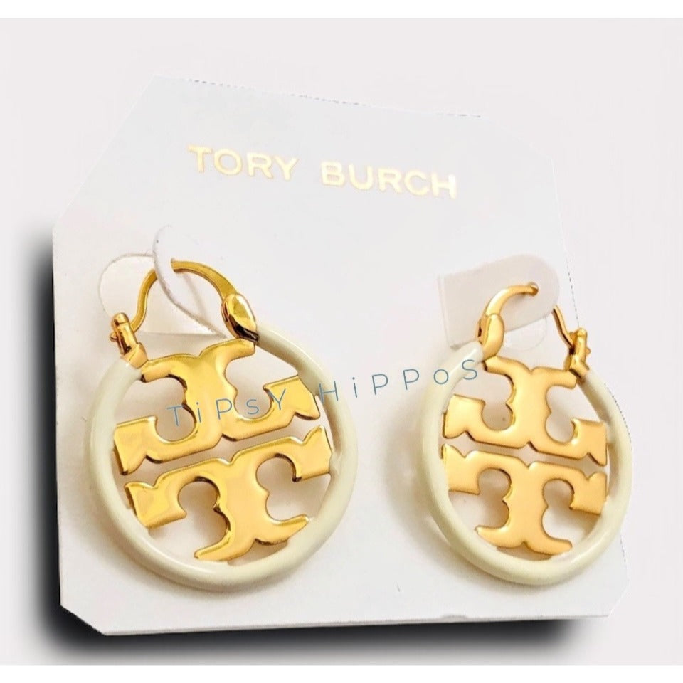 Tory Blue White Enamel and Gold Miller Logo Hoop Earrings