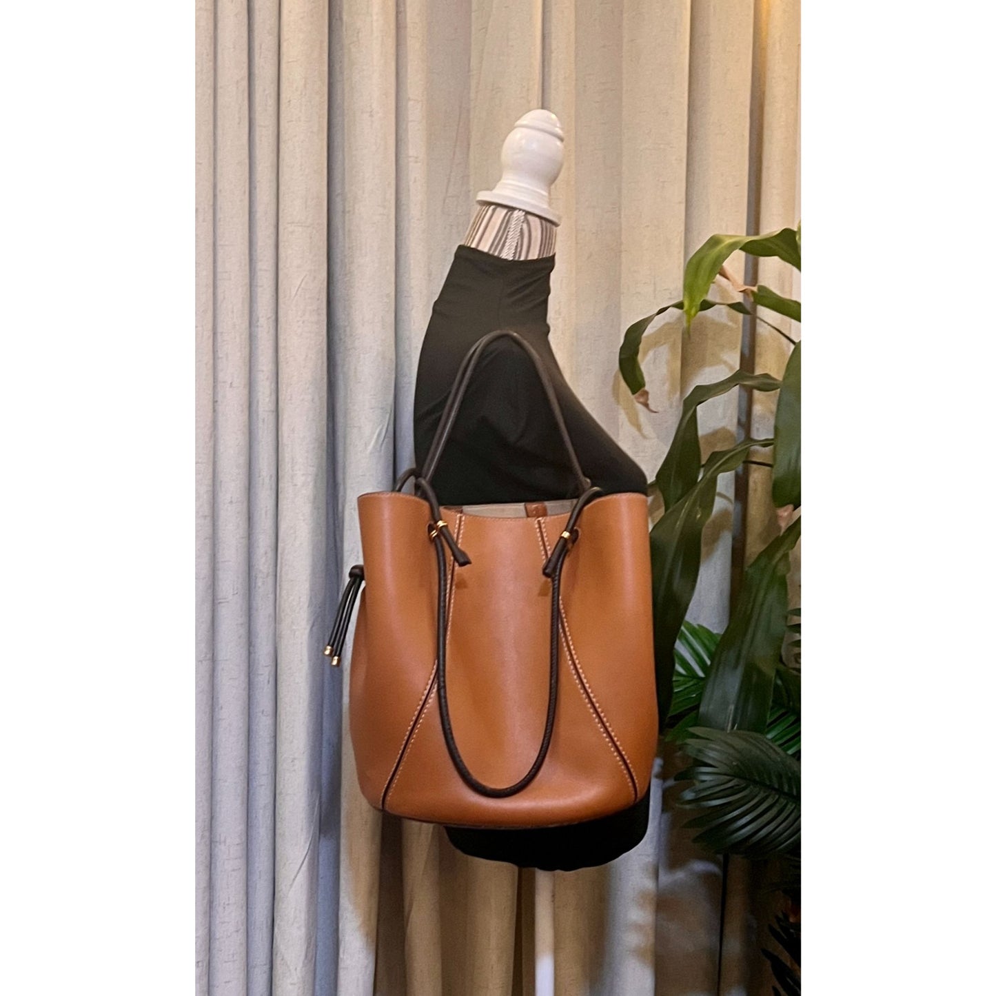 Tory Burch Leather Brown Shoulder Tote Bag with Spaghetti Straps