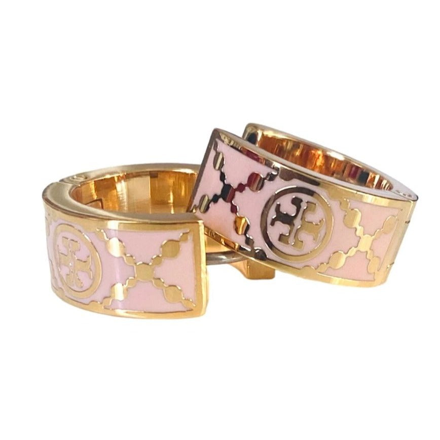 Tory Burch T Monogram Pink Enamel & Gold Plated Logo Huggie Earrings