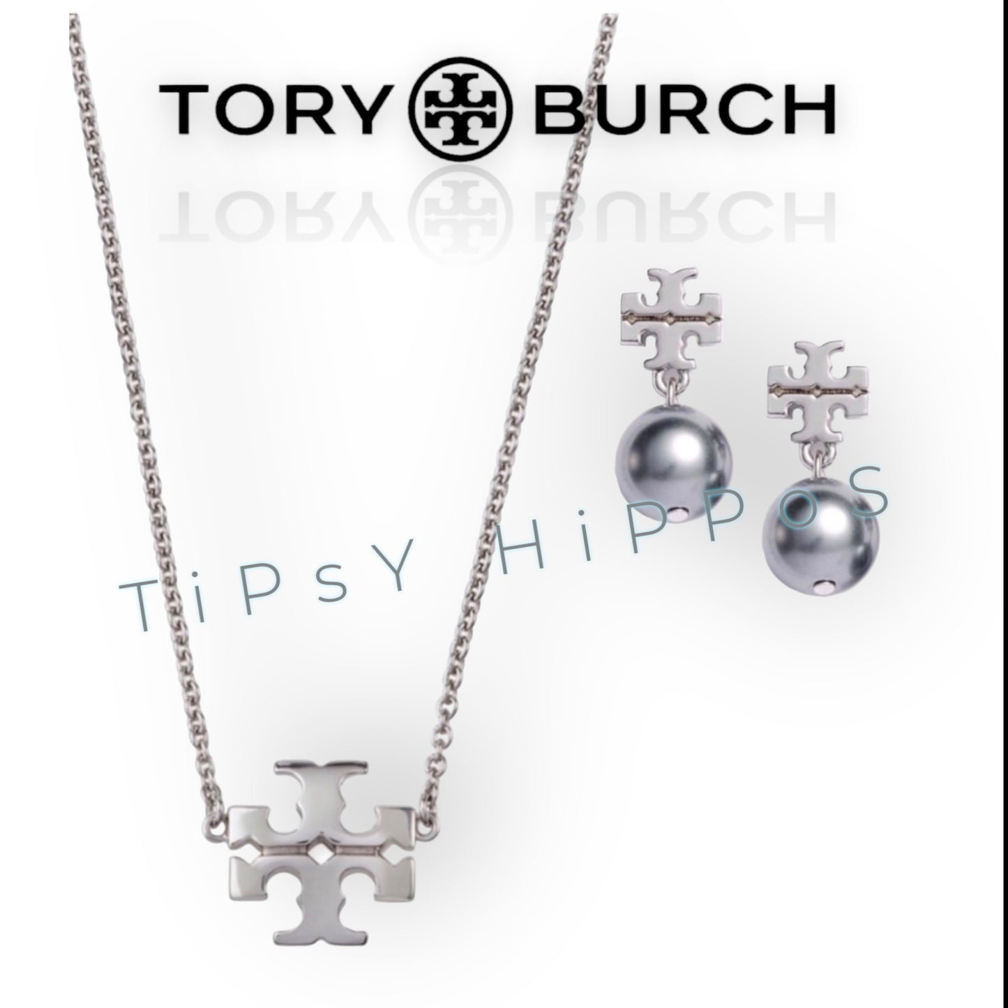 Tory Burch Silver Kira Pendant Necklace and Earring Set