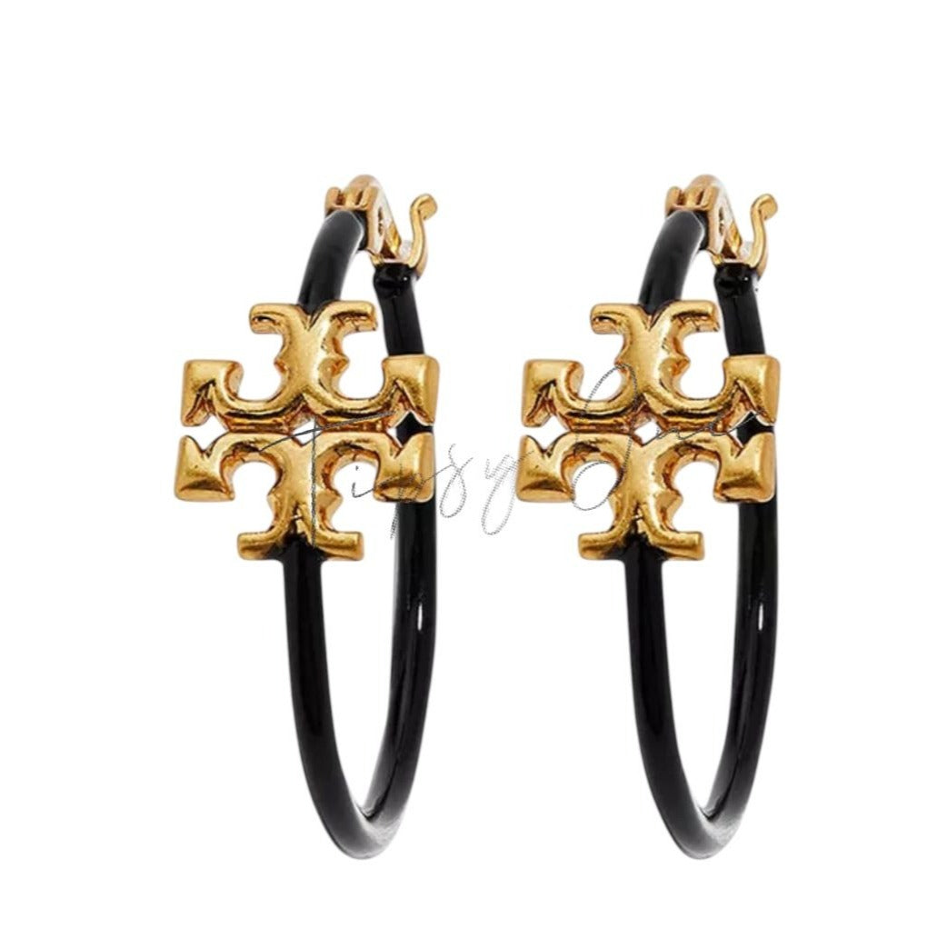 Tory Burch Black and Gold Eleanor Hoop Earrings