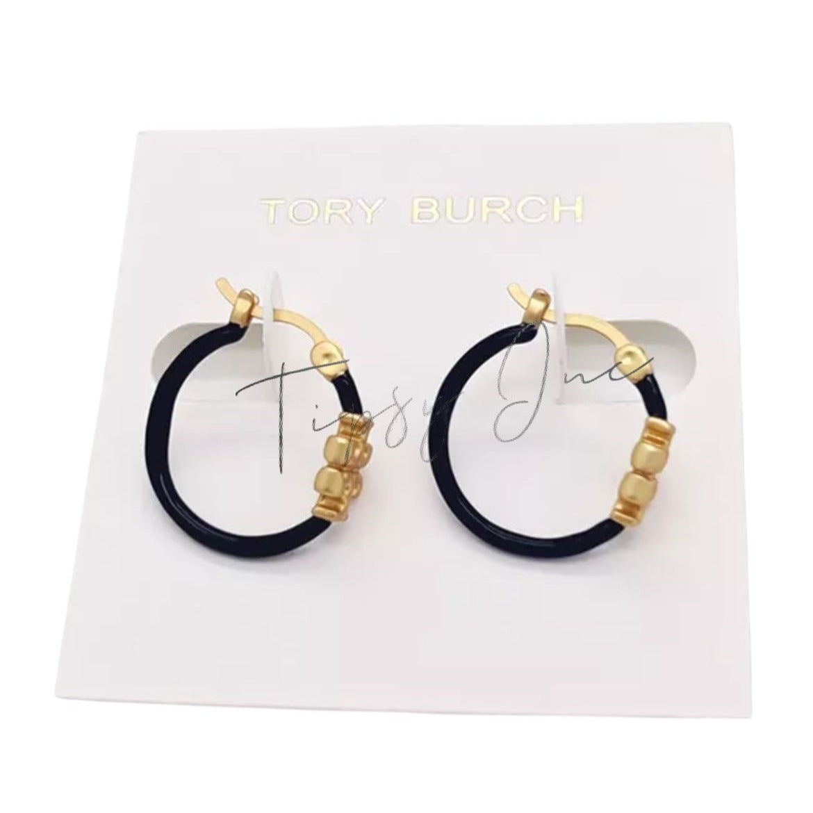 Tory Burch Black and Gold Eleanor Hoop Earrings