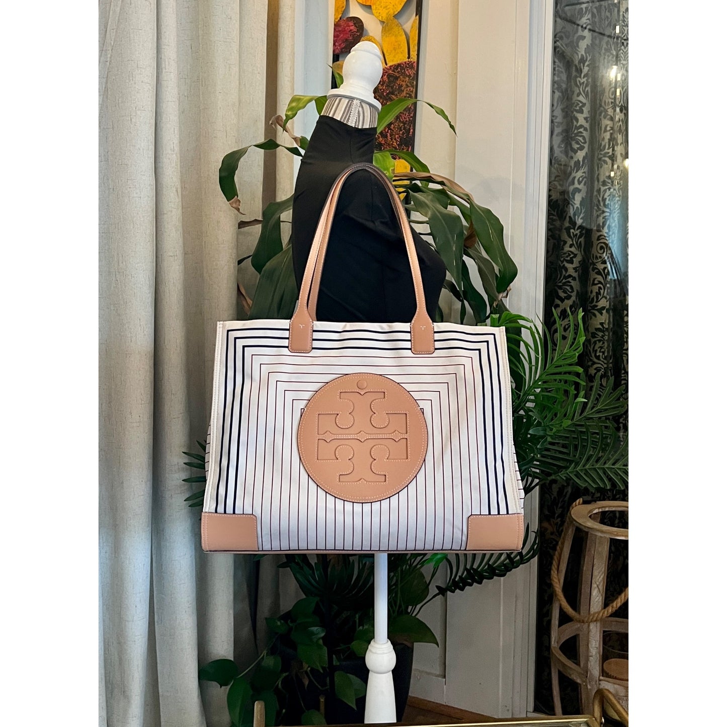 Tory Burch Black and Brown Striped Ella Shoulder Bag Tote