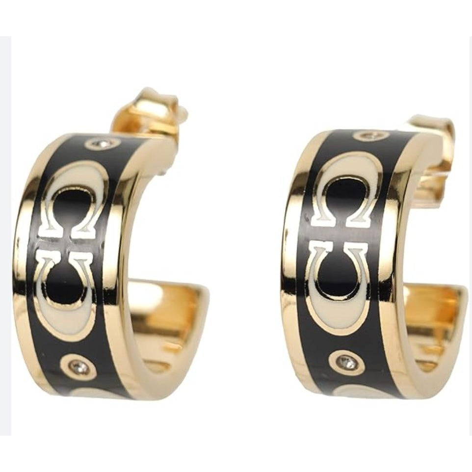 COACH Signature Black and Gold Enamel Huggie Earrings