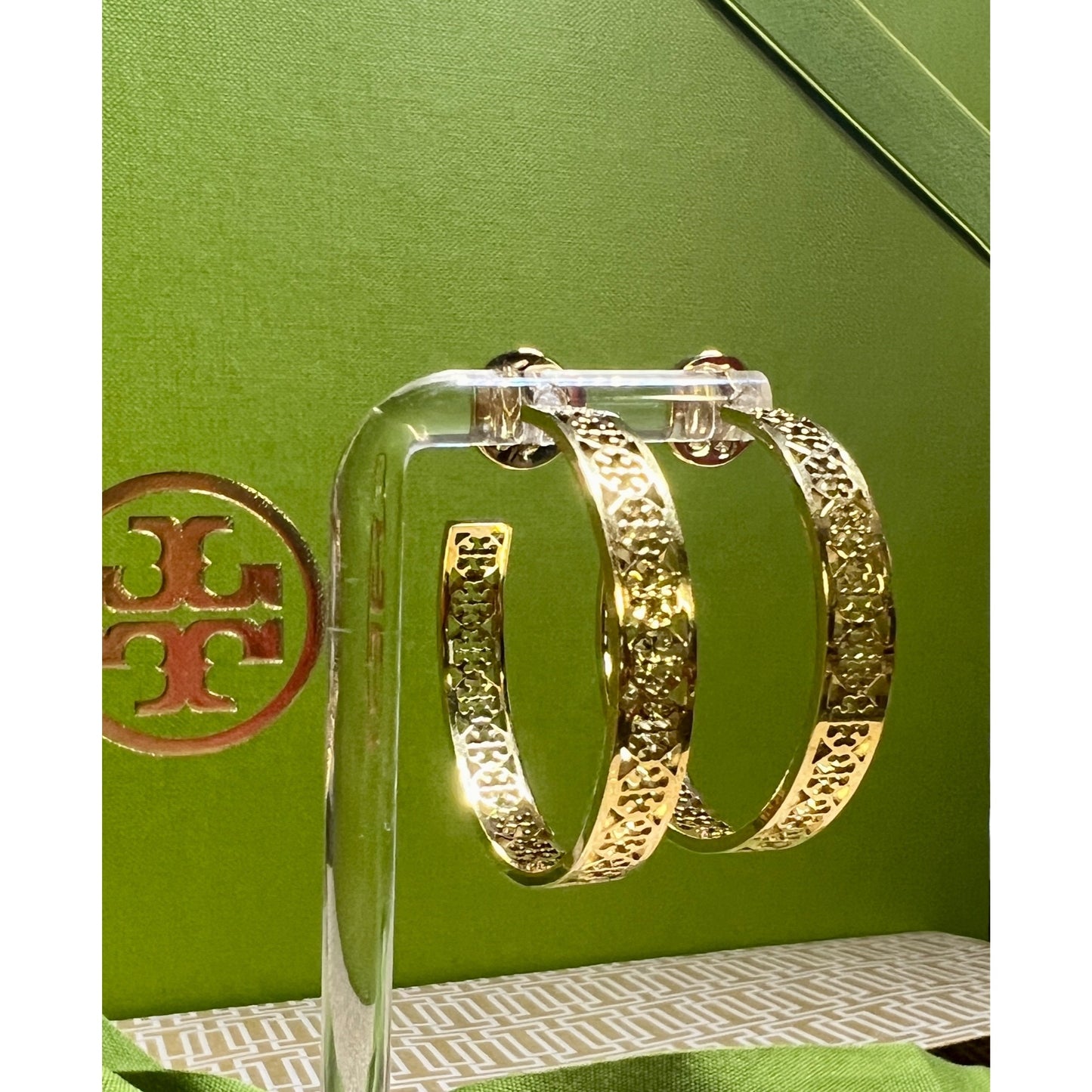 NWOT Tory Burch Gold-Tone Pierced Hoop Earrings With Intricate Cutout Design - Comes in Original Packaging