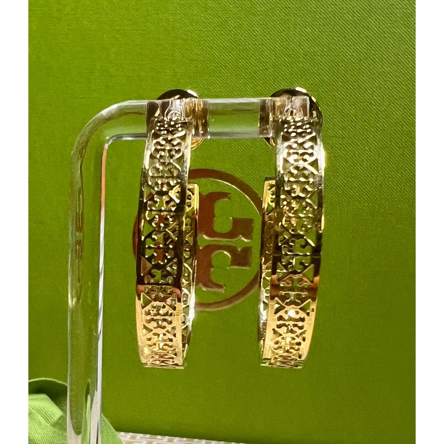 NWOT Tory Burch Gold-Tone Pierced Hoop Earrings With Intricate Cutout Design - Comes in Original Packaging