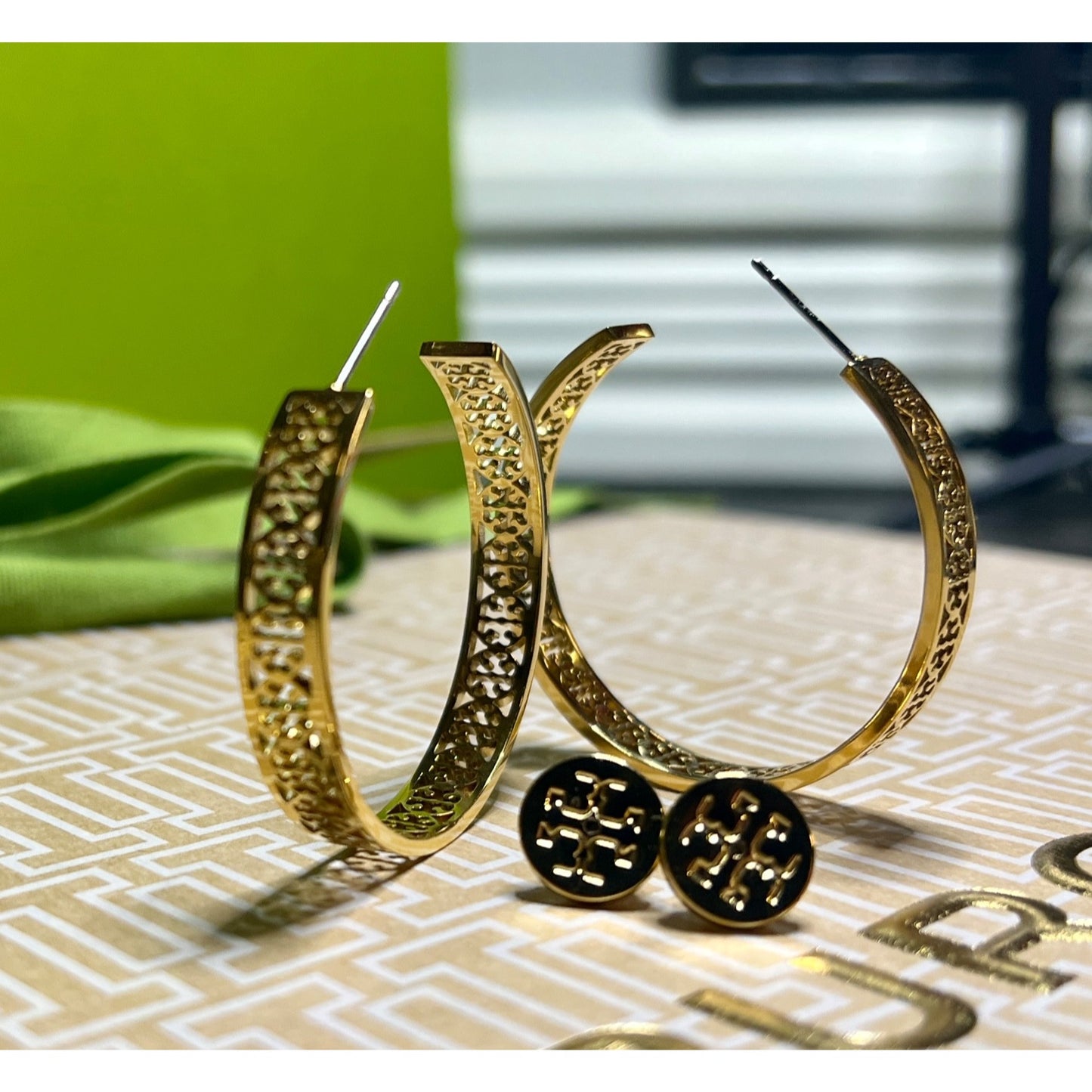 NWOT Tory Burch Gold-Tone Pierced Hoop Earrings With Intricate Cutout Design - Comes in Original Packaging