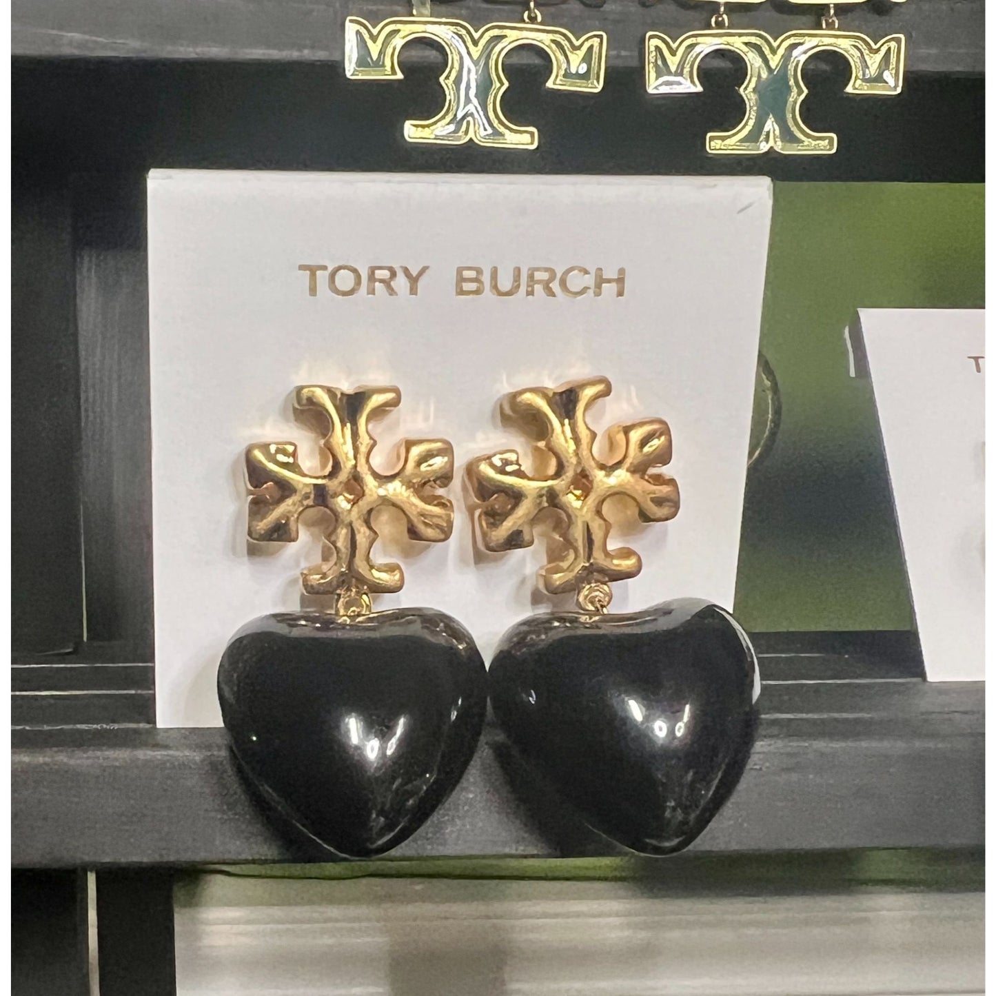 Tory Burch Black and Gold Roxanne Heart Drop Earrings
