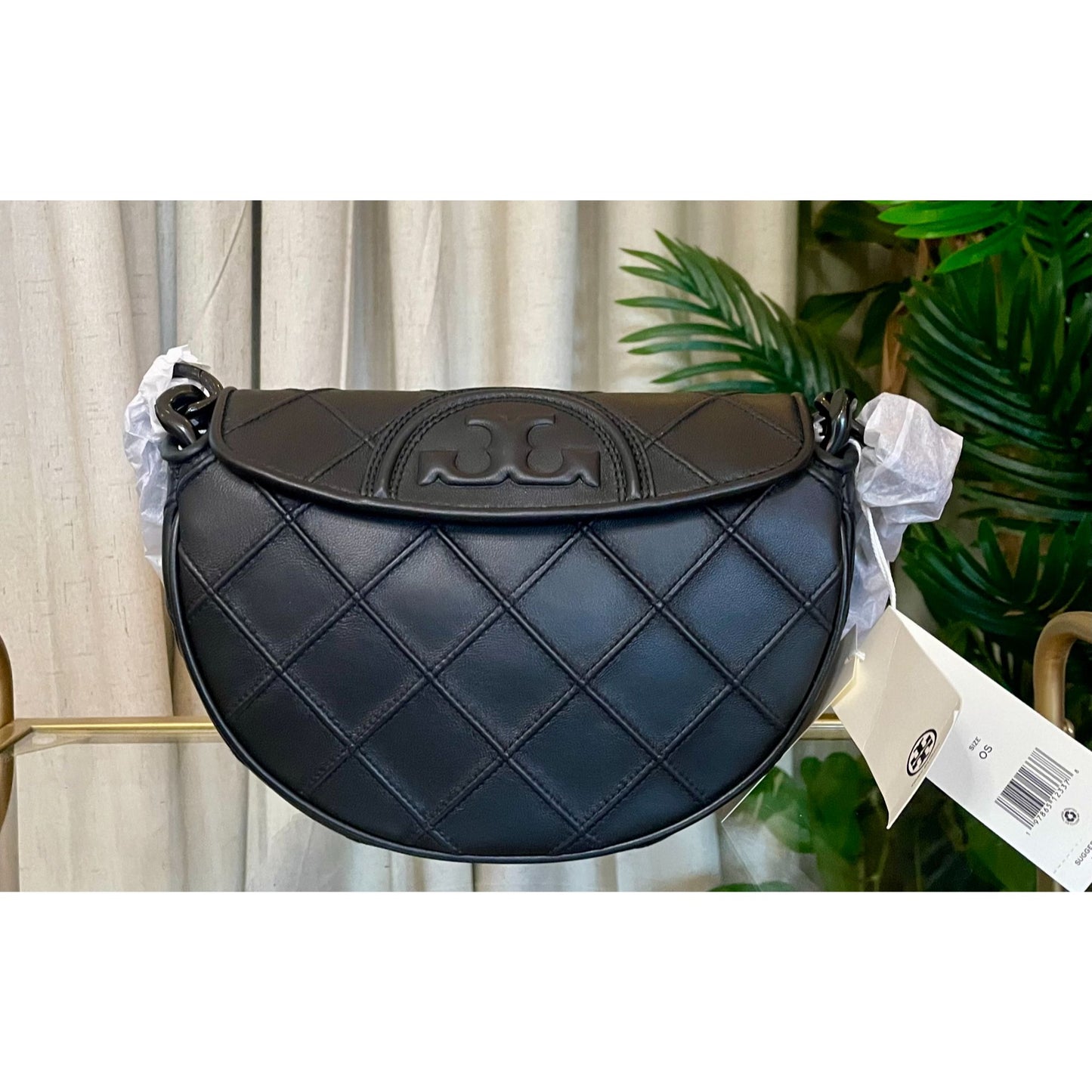 NEW! Authentic Tory Burch Black Leather Cresent Fleming Handbag