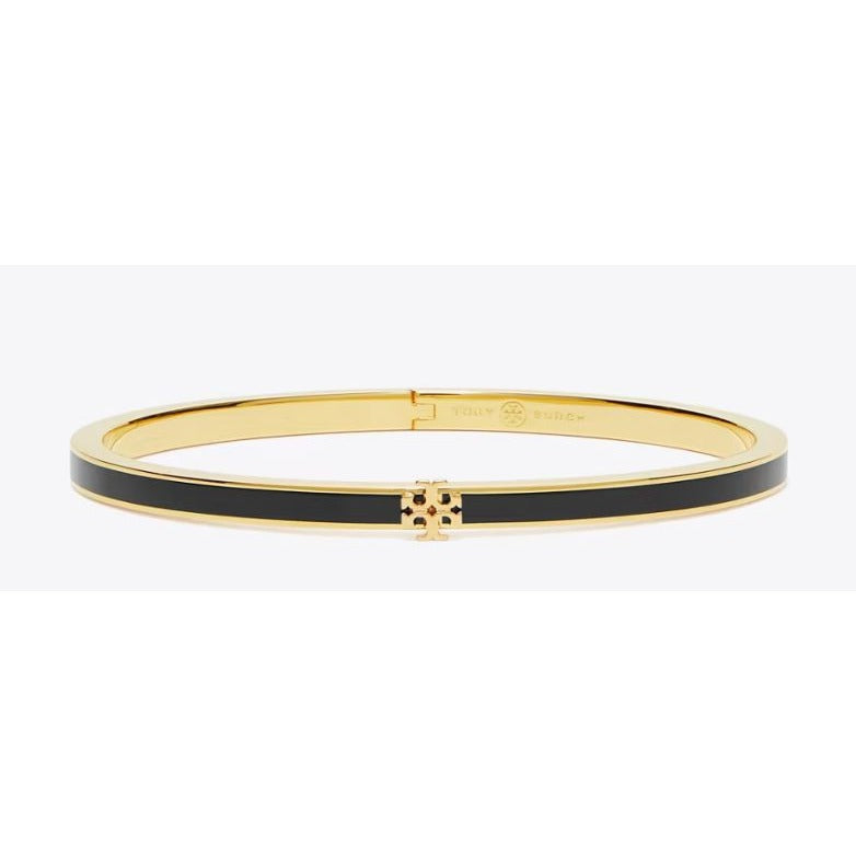 Tory Burch Black and Gold Enamel Logo Hinged Bracelet