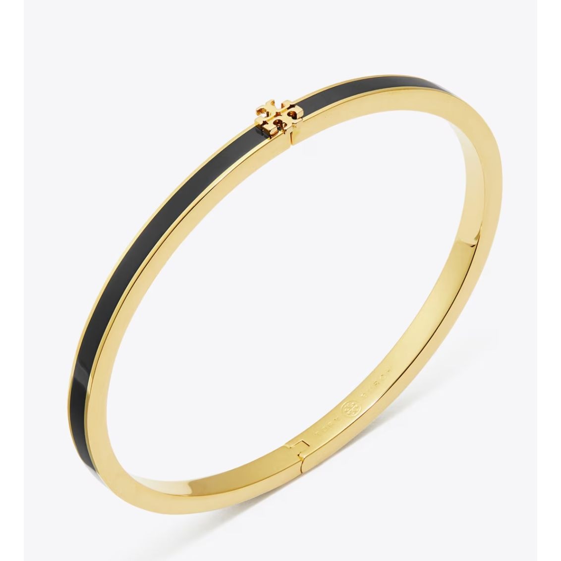 Tory Burch Black and Gold Enamel Logo Hinged Bracelet