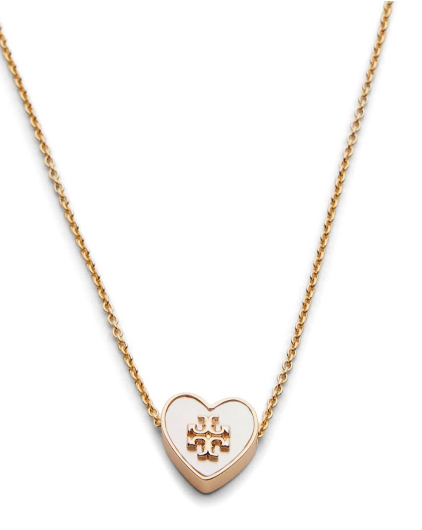 Tory Burch White and Gold Heart Logo Pendant Necklace