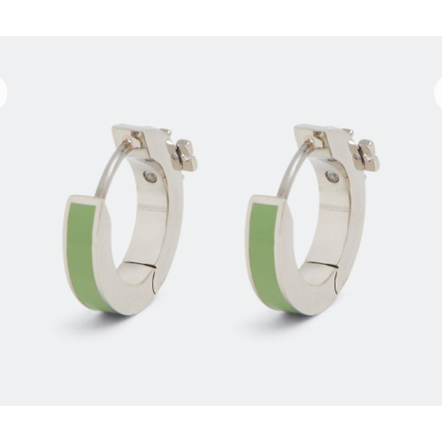 Tory Burch Kira Silver and Green Enamel Huggie Earrings