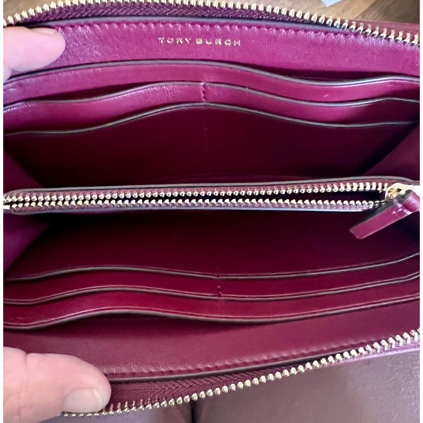 Authentic Tory Burch Maroon Quilted Leather Fleming Zippie Wallet