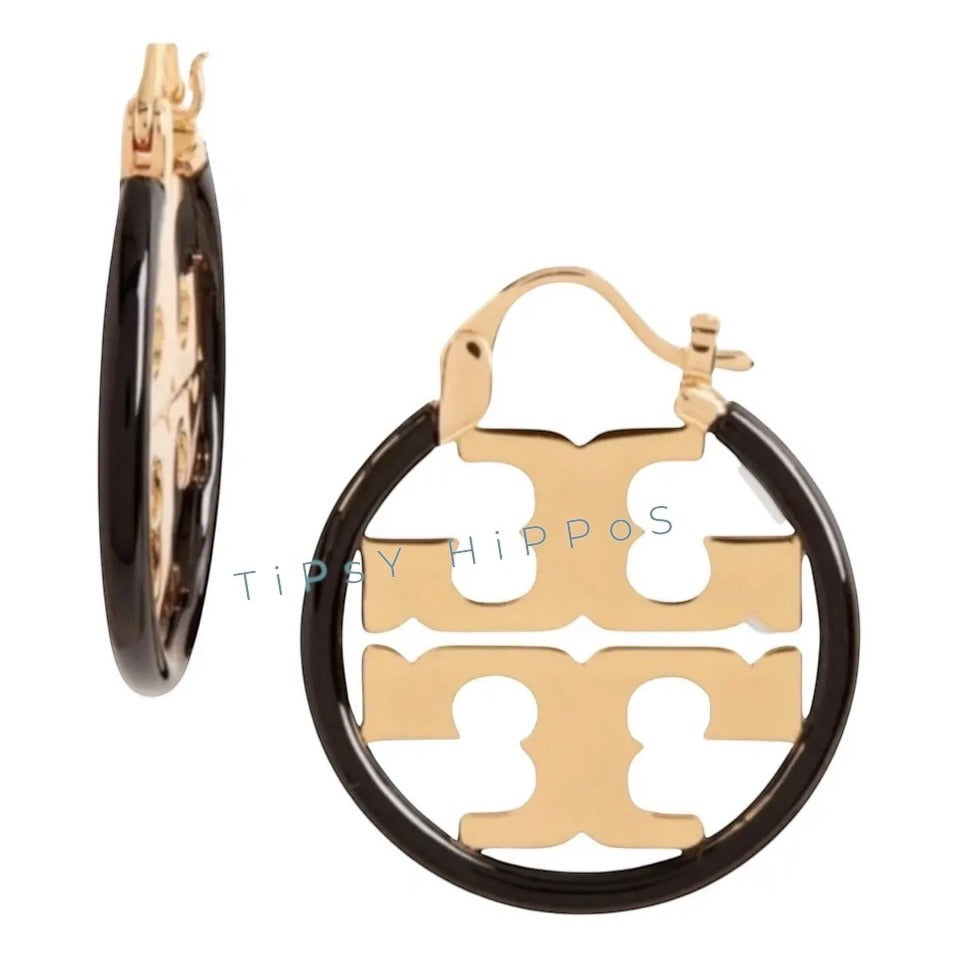 Tory Burch Black Enamel and Gold Miller Logo Hoop Earrings