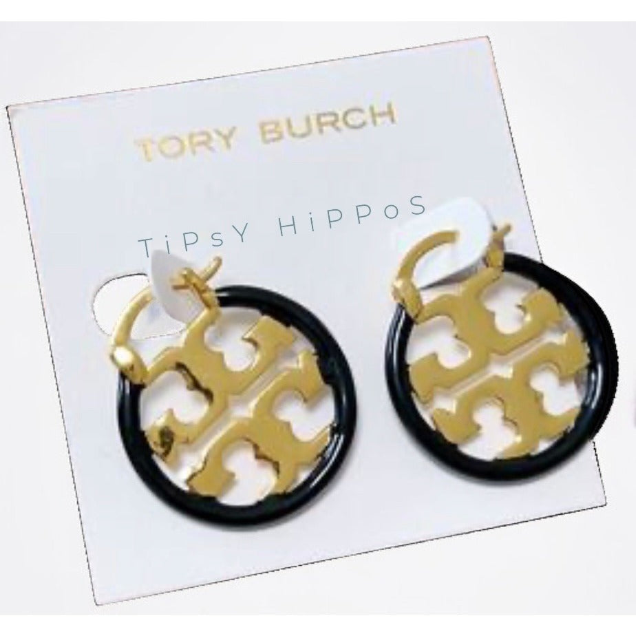 Tory Burch Black Enamel and Gold Miller Logo Hoop Earrings