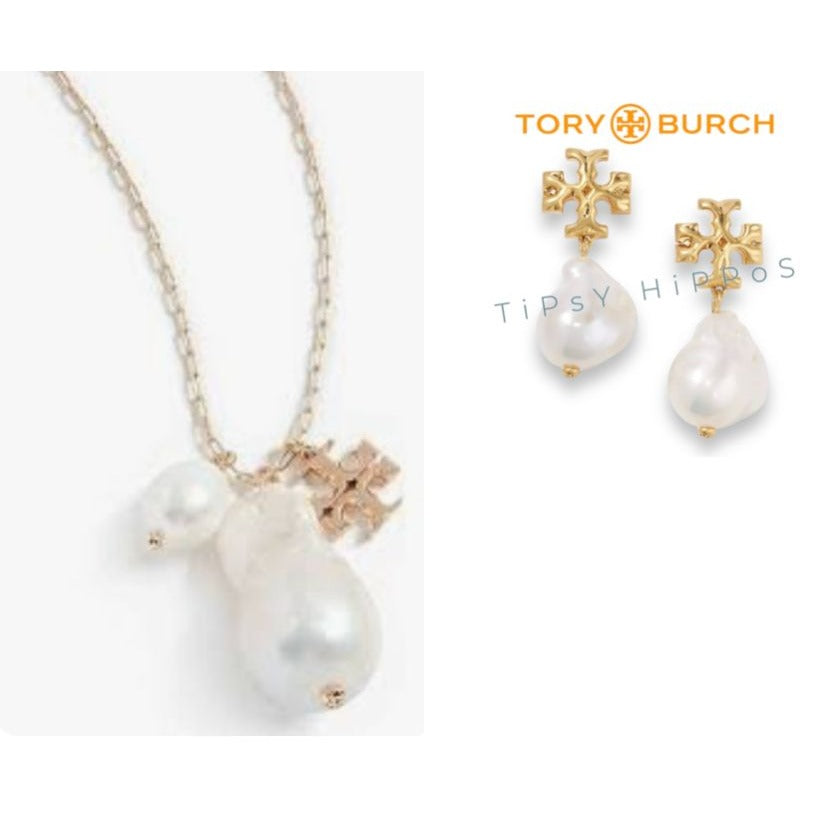 Tory Burch Kira Pearl and Gold Logo Drop Pendent Necklace & Earring Set