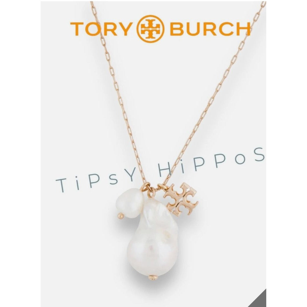 Tory Burch Kira Pearl and Gold Logo Drop Pendent Necklace & Earring Set