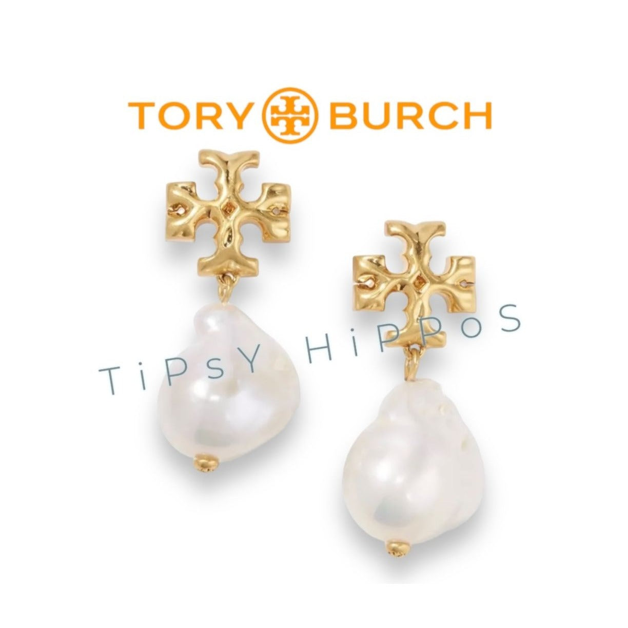 Tory Burch Kira Pearl and Gold Logo Drop Pendent Necklace & Earring Set
