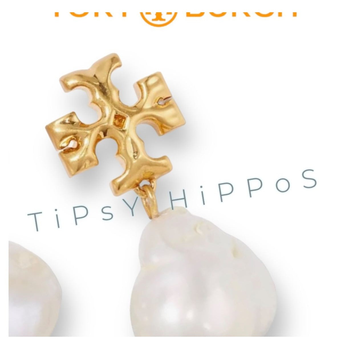 Tory Burch Kira Pearl and Gold Logo Drop Pendent Necklace & Earring Set