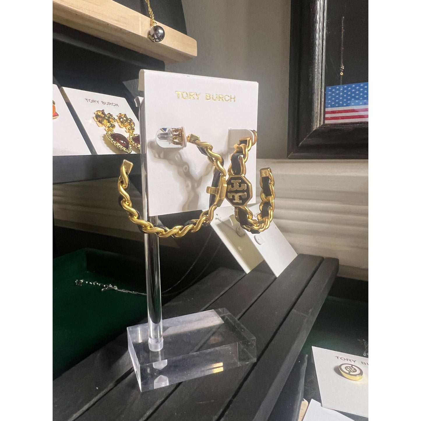 Tory Burch Marion Black & Gold Chainlink Earrings