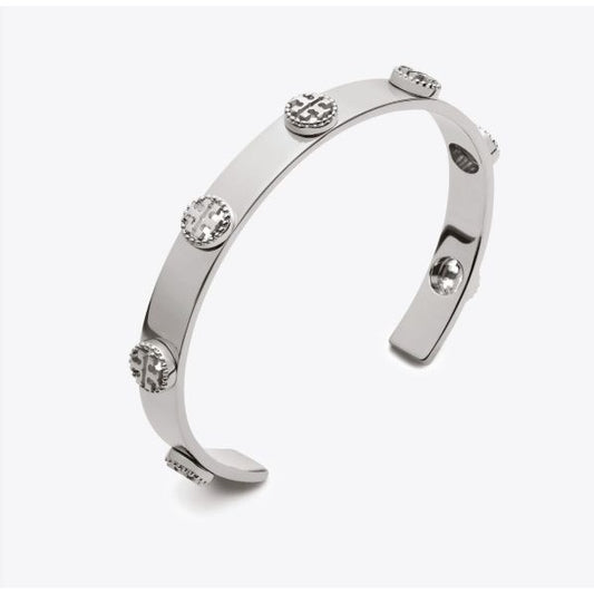 Tory Burch Silver Milgrain Logo-Plaque Cuff Bracelet