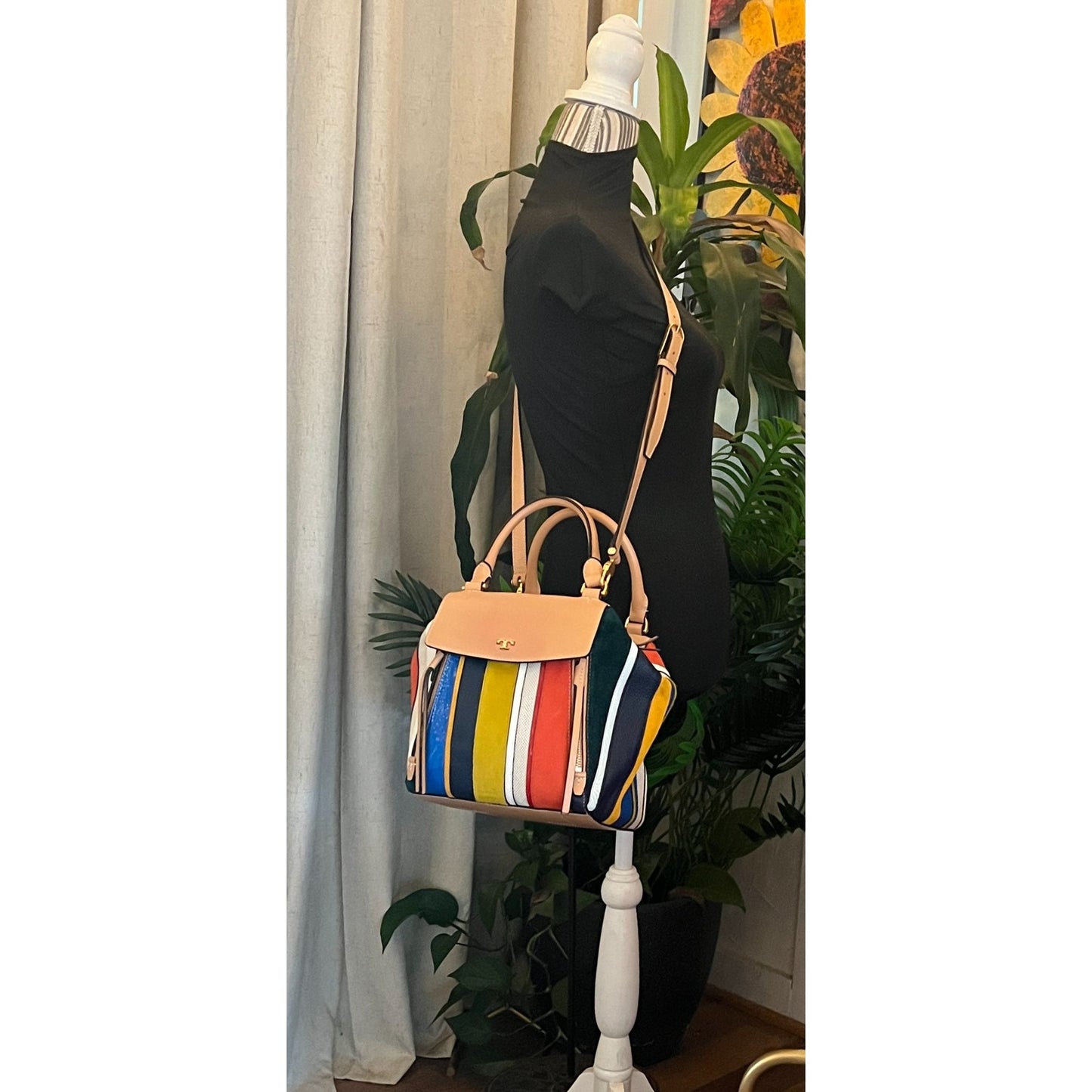 TORY BURCH AUTHENTIC STRIPED MOON TOTE AND WALLET SET