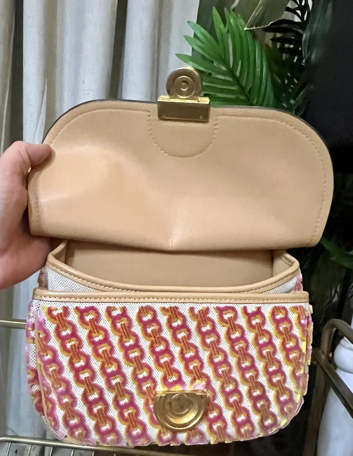 AUTHENTIC TORY BURCH TAN AND PINK AND ORANGE JAMES HANDBAG