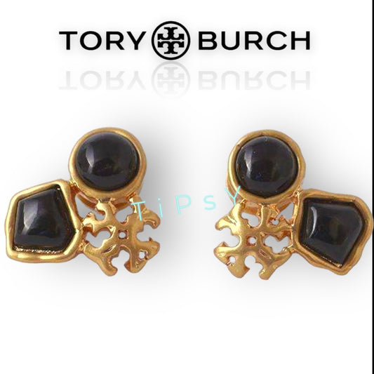Tory Burch Geometric Roxanne Gold & Black Stud Earrings