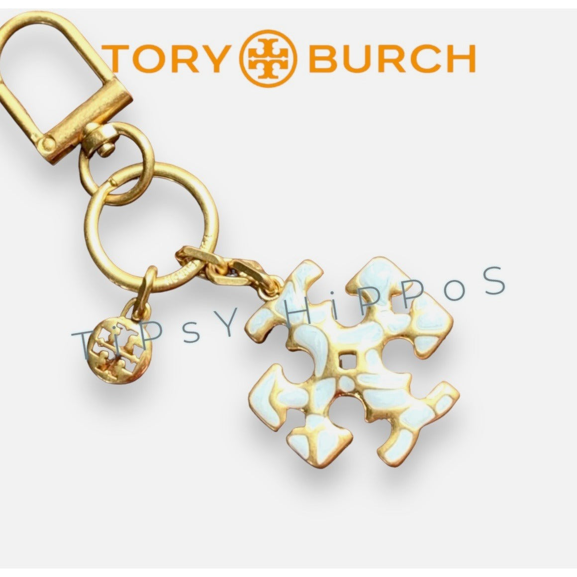 Tory Burch Gold & White Enamel Keychain - Sophisticated Bling For Your Keys